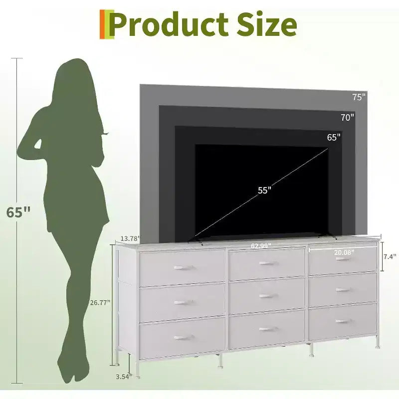 Meuble TV DobleePy 63 avec commode à 9 tiroirs, meuble TV pour téléviseurs de 55 à 70 pouces, meuble de rangement en tissu pour salon et chambre, cadre en métal