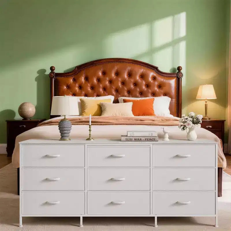 Meuble TV DobleePy 63 avec commode à 9 tiroirs, meuble TV pour téléviseurs de 55 à 70 pouces, meuble de rangement en tissu pour salon et chambre, cadre en métal