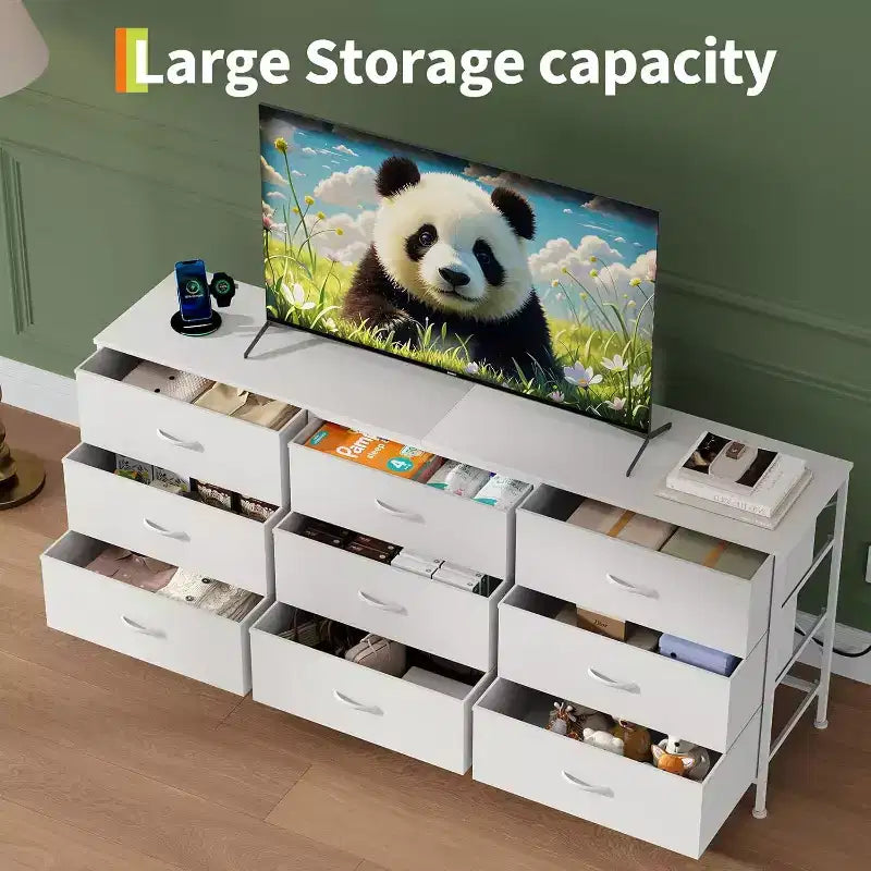 Meuble TV DobleePy 63 avec commode à 9 tiroirs, meuble TV pour téléviseurs de 55 à 70 pouces, meuble de rangement en tissu pour salon et chambre, cadre en métal
