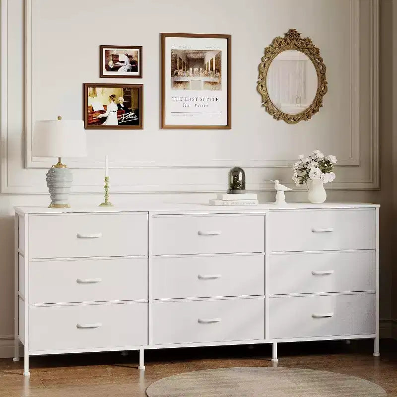 Meuble TV DobleePy 63 avec commode à 9 tiroirs, meuble TV pour téléviseurs de 55 à 70 pouces, meuble de rangement en tissu pour salon et chambre, cadre en métal