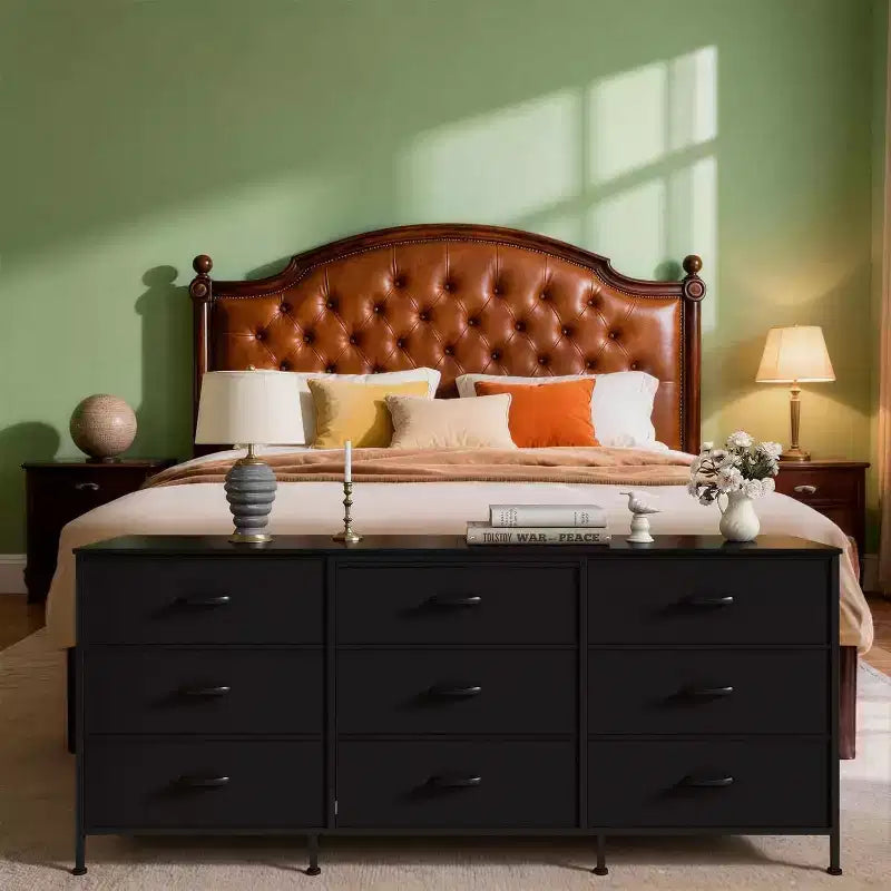 Meuble TV DobleePy 63 avec commode à 9 tiroirs, meuble TV pour téléviseurs de 55 à 70 pouces, meuble de rangement en tissu pour salon et chambre, cadre en métal