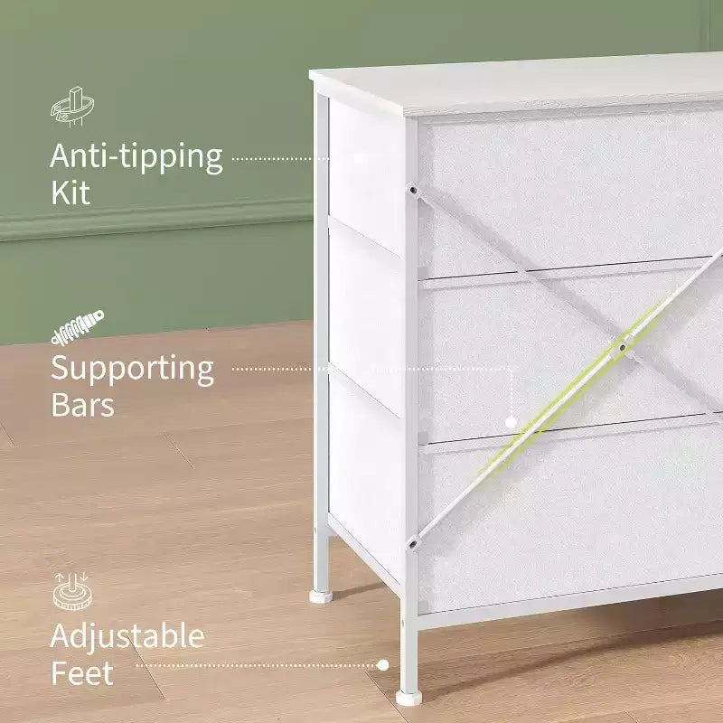 Meuble TV DobleePy 63 avec commode à 9 tiroirs, meuble TV pour téléviseurs de 55 à 70 pouces, meuble de rangement en tissu pour salon et chambre, cadre en métal