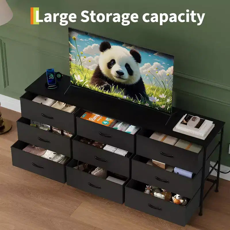Meuble TV DobleePy 63 avec commode à 9 tiroirs, meuble TV pour téléviseurs de 55 à 70 pouces, meuble de rangement en tissu pour salon et chambre, cadre en métal