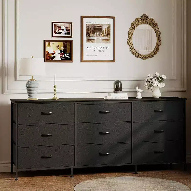 Meuble TV DobleePy 63 avec commode à 9 tiroirs, meuble TV pour téléviseurs de 55 à 70 pouces, meuble de rangement en tissu pour salon et chambre, cadre en métal