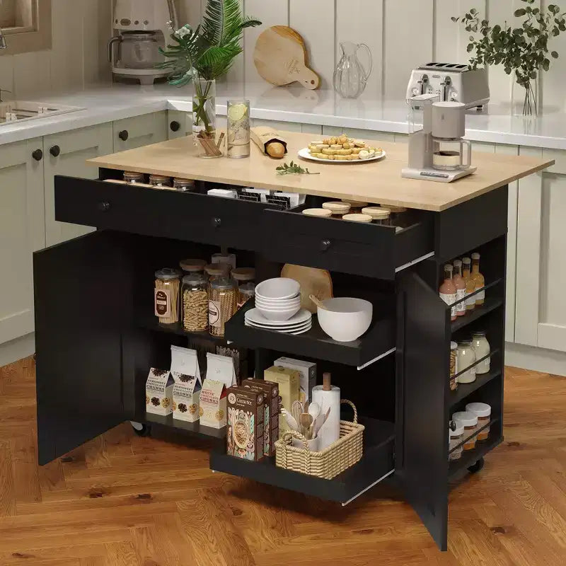 47.2 Rolling Kitchen Island Cart with Drop Leaf & Charging Station, Storage Cabinets & Spice Rack on Wheels
