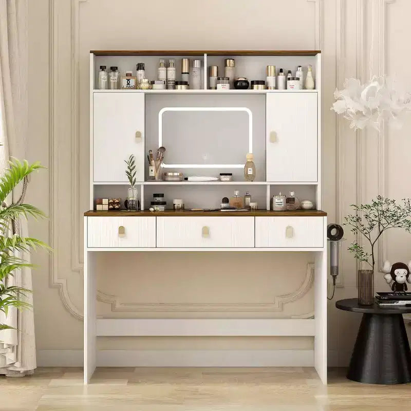 Dressing Table with Lighted Mirror, 43 Inch Wide Makeup Vanity Set with 3 Drawers & Hair Dryer Holder