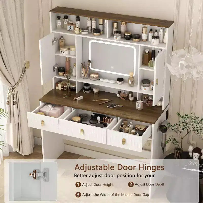 Coiffeuse avec miroir lumineux, ensemble de maquillage de 109 cm de large avec 3 tiroirs et support de sèche-cheveux
