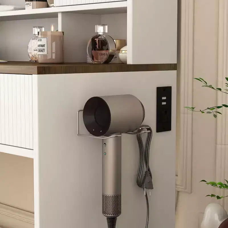 Coiffeuse avec miroir lumineux, ensemble de maquillage de 109 cm de large avec 3 tiroirs et support de sèche-cheveux