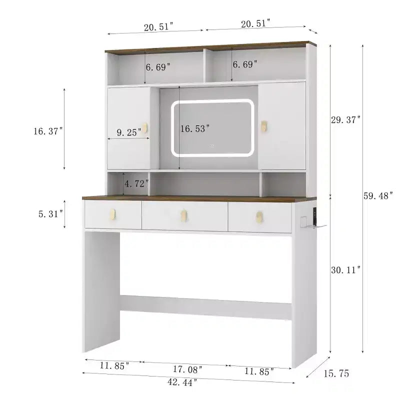 Coiffeuse avec miroir lumineux, ensemble de maquillage de 109 cm de large avec 3 tiroirs et support de sèche-cheveux