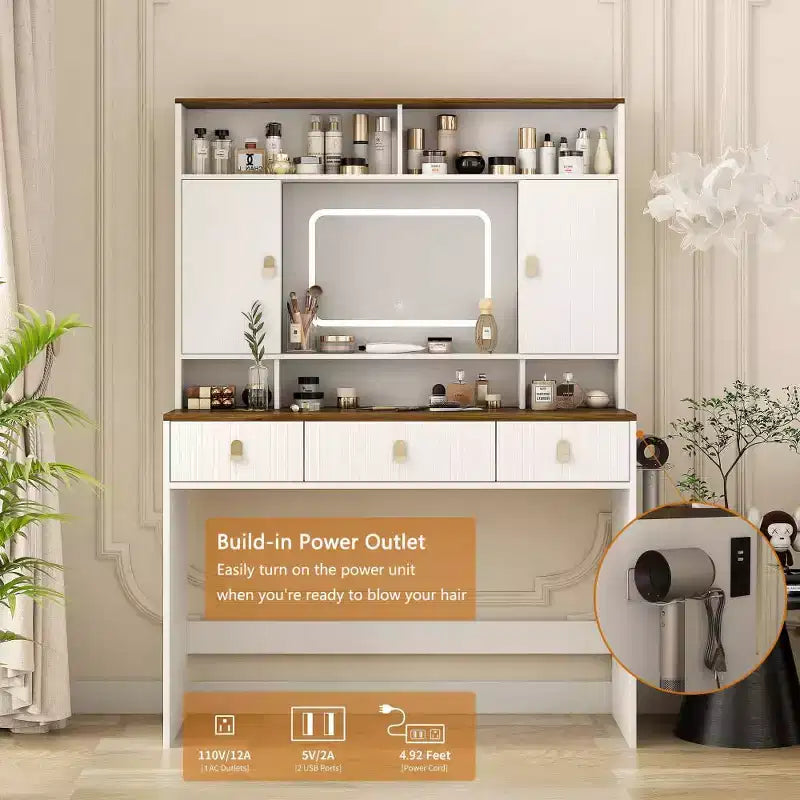 Coiffeuse avec miroir lumineux, ensemble de maquillage de 109 cm de large avec 3 tiroirs et support de sèche-cheveux