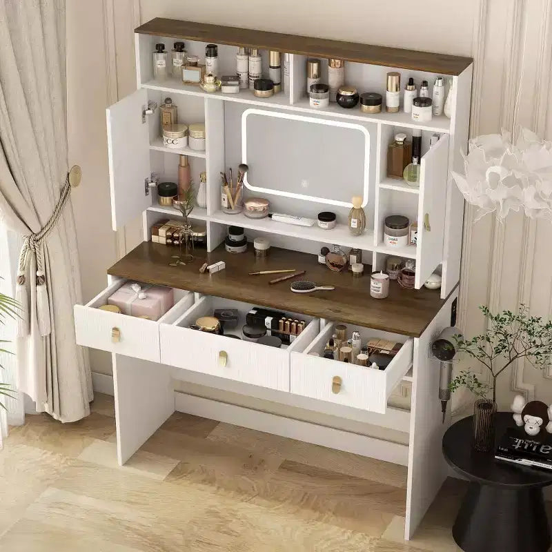 Coiffeuse avec miroir lumineux, ensemble de maquillage de 109 cm de large avec 3 tiroirs et support de sèche-cheveux