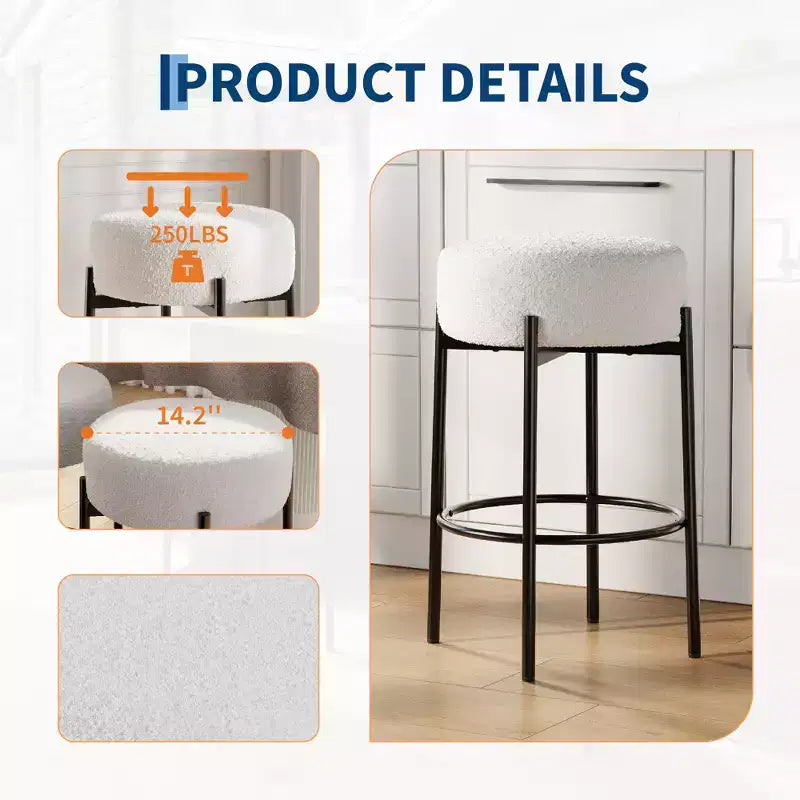 Tabourets de bar hauteur comptoir, lot de 2, tabourets de bar rembourrés en laine de 61 cm avec repose-pieds, tabourets modernes sans dossier pour îlot de cuisine, bar à domicile