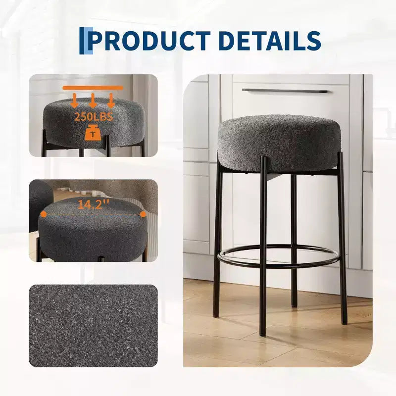 Tabourets de bar hauteur comptoir, lot de 2, tabourets de bar rembourrés en laine de 61 cm avec repose-pieds, tabourets modernes sans dossier pour îlot de cuisine, bar à domicile