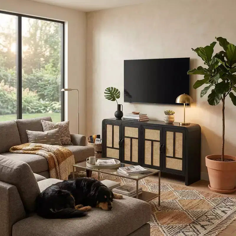 Meuble de Rangement Buffet avec Portes en Rotin FurnitureR, Grand Meuble de Rangement avec Étagères pour Salle à Manger, Salon, Entrée