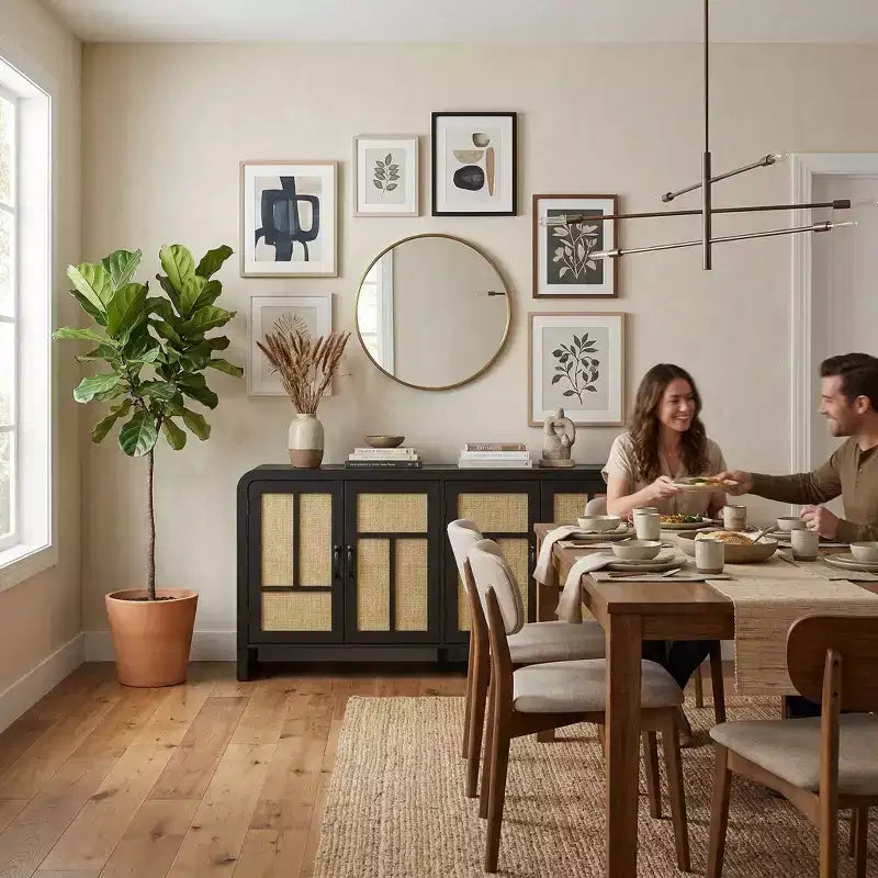 Meuble de Rangement Buffet avec Portes en Rotin FurnitureR, Grand Meuble de Rangement avec Étagères pour Salle à Manger, Salon, Entrée