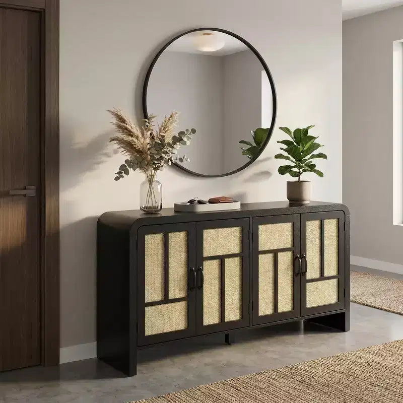 Meuble de Rangement Buffet avec Portes en Rotin FurnitureR, Grand Meuble de Rangement avec Étagères pour Salle à Manger, Salon, Entrée