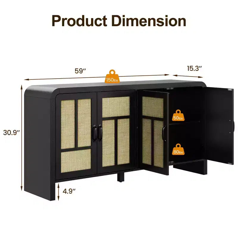 Meuble de Rangement Buffet avec Portes en Rotin FurnitureR, Grand Meuble de Rangement avec Étagères pour Salle à Manger, Salon, Entrée