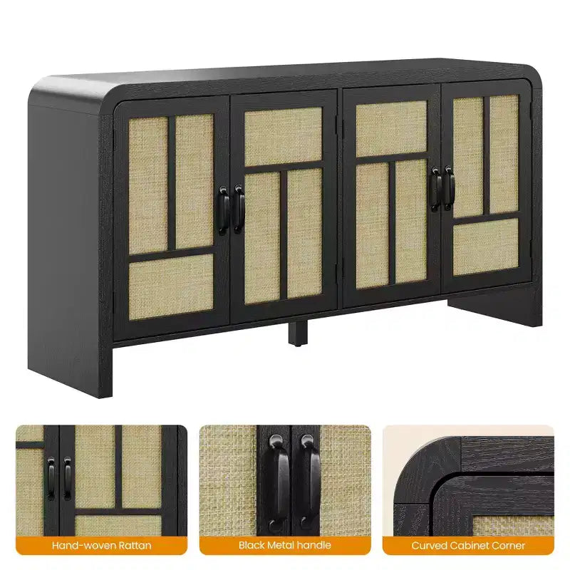 Meuble de Rangement Buffet avec Portes en Rotin FurnitureR, Grand Meuble de Rangement avec Étagères pour Salle à Manger, Salon, Entrée