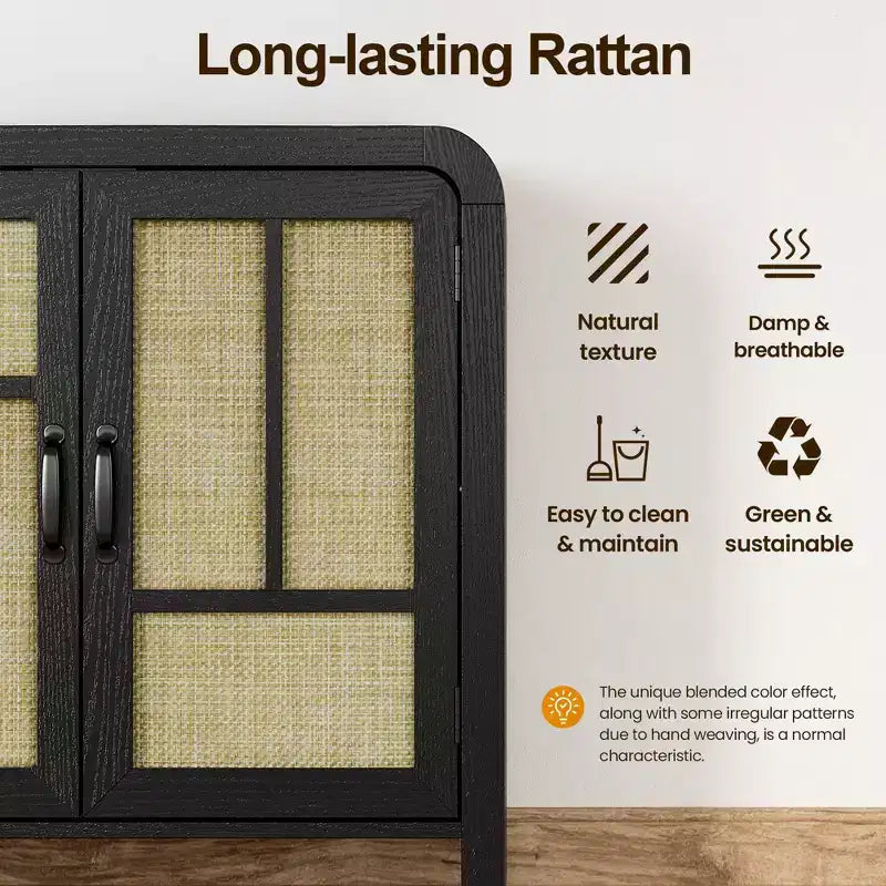 Meuble de Rangement Buffet avec Portes en Rotin FurnitureR, Grand Meuble de Rangement avec Étagères pour Salle à Manger, Salon, Entrée