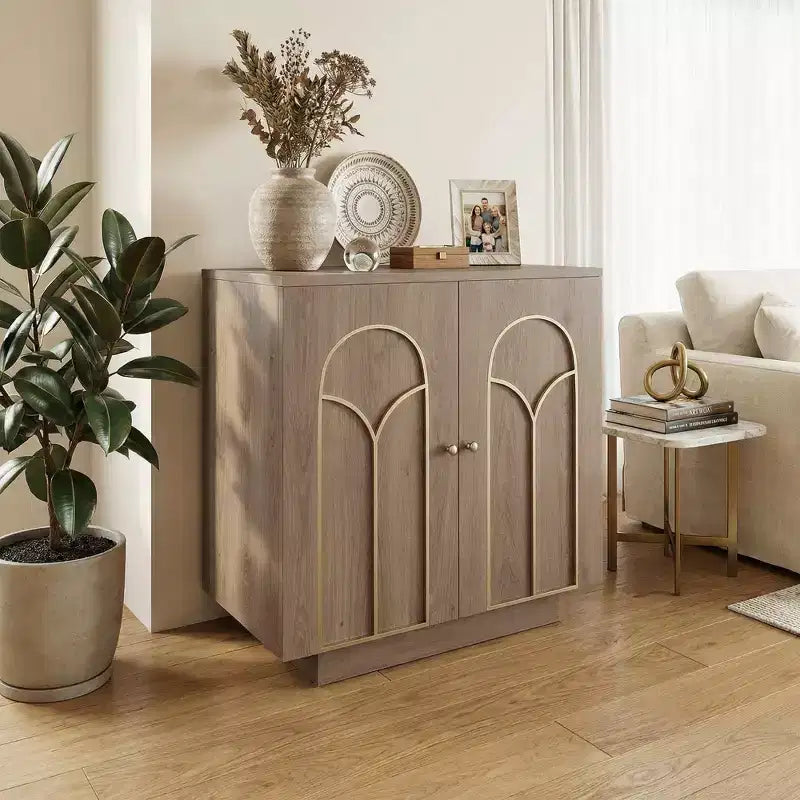 Meuble d'appoint de 30,3 po H avec 1 étagère et garniture dorée, portes cintrées