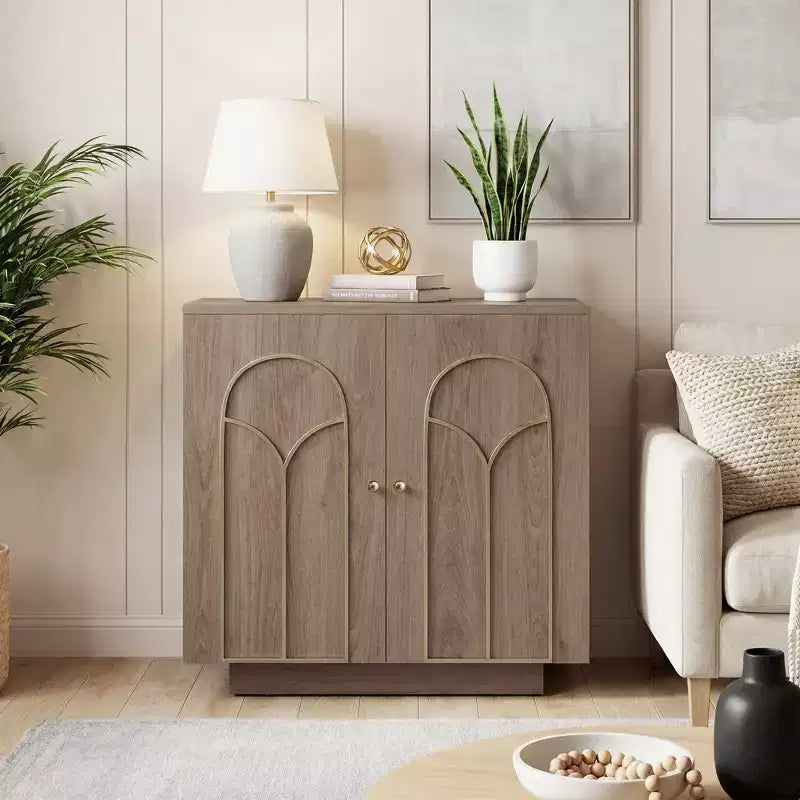 30.3 H in. Accent Cabinet Office Storage Cabinet with 1 Shelf and Gold Trim, Arched Doors