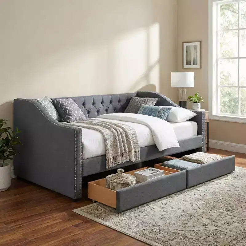 Lit de repos double XL en bois rembourré Christopher Knight Home Drake avec deux tiroirs