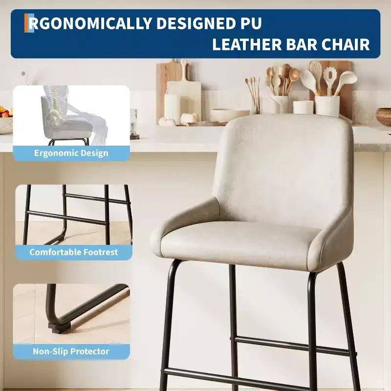Tabourets de bar modernes en similicuir PU à hauteur de comptoir, lot de 4, chaises rembourrées sans accoudoirs avec dossier et repose-pieds, cadre en métal, pour cuisine ou comptoir