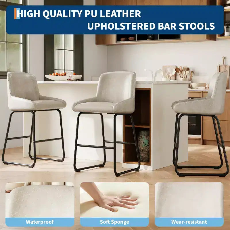Tabourets de bar modernes en similicuir PU à hauteur de comptoir, lot de 4, chaises rembourrées sans accoudoirs avec dossier et repose-pieds, cadre en métal, pour cuisine ou comptoir