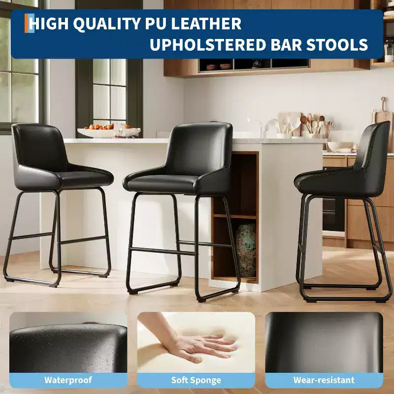 Tabourets de bar modernes en similicuir PU à hauteur de comptoir, lot de 4, chaises rembourrées sans accoudoirs avec dossier et repose-pieds, cadre en métal, pour cuisine ou comptoir