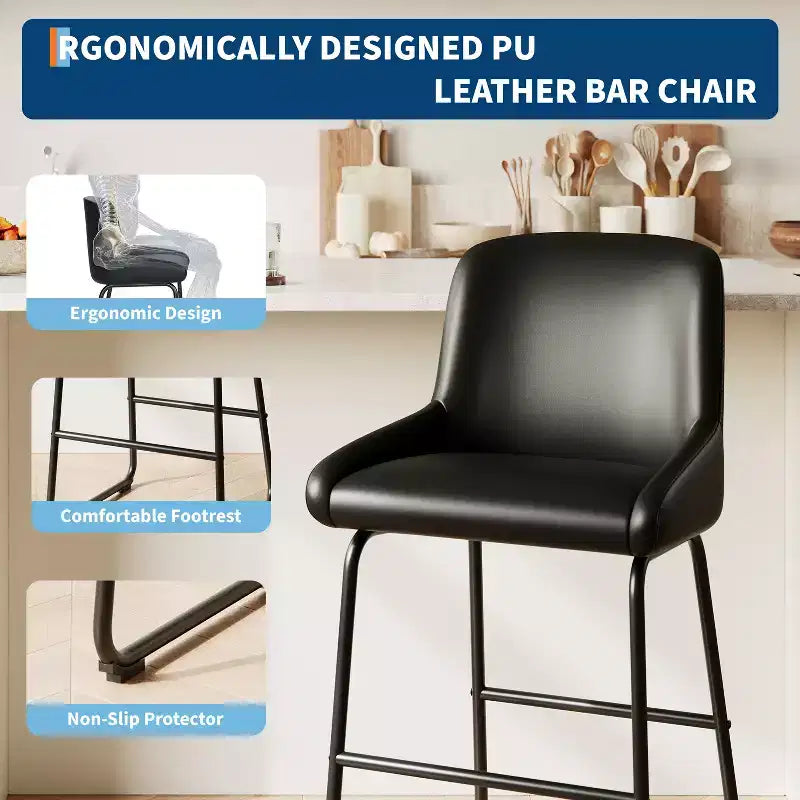Tabourets de bar modernes en similicuir PU à hauteur de comptoir, lot de 4, chaises rembourrées sans accoudoirs avec dossier et repose-pieds, cadre en métal, pour cuisine ou comptoir