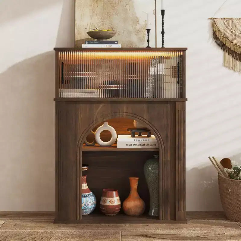Famapy Dark Walnut Accent Cabinet with Fluted Glass & Adjustable LED Lighting