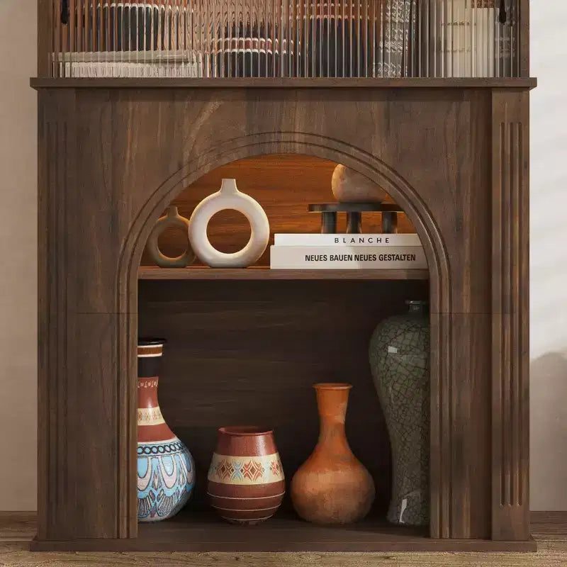Meuble d'appoint Famapy en Noyer Foncé avec Verre Cannet et Éclairage LED Réglable