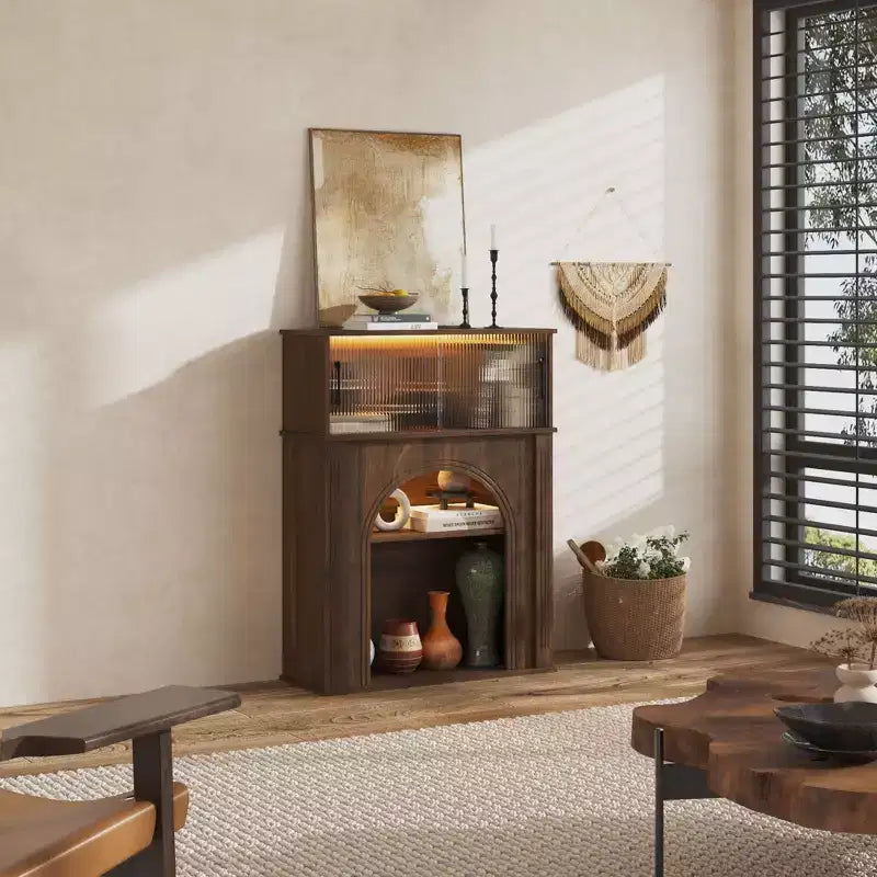 Meuble d'appoint Famapy en Noyer Foncé avec Verre Cannet et Éclairage LED Réglable