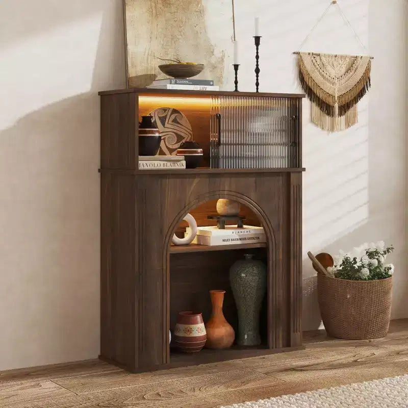 Meuble d'appoint Famapy en Noyer Foncé avec Verre Cannet et Éclairage LED Réglable