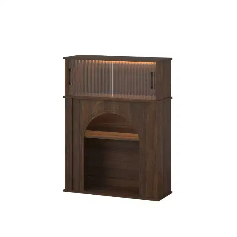 Meuble d'appoint Famapy en Noyer Foncé avec Verre Cannet et Éclairage LED Réglable