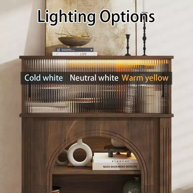 Meuble d'appoint Famapy en Noyer Foncé avec Verre Cannet et Éclairage LED Réglable