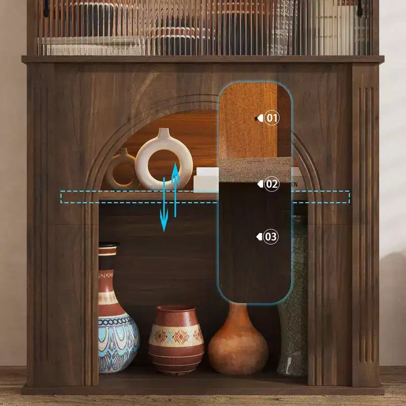 Meuble d'appoint Famapy en Noyer Foncé avec Verre Cannet et Éclairage LED Réglable