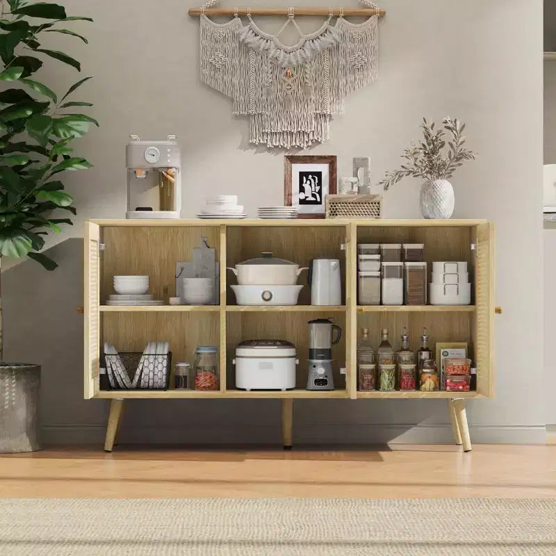 Meuble en rotin, buffet avec 3 portes et étagères réglables, buffet pour couloir, entrée, salon ou cuisine