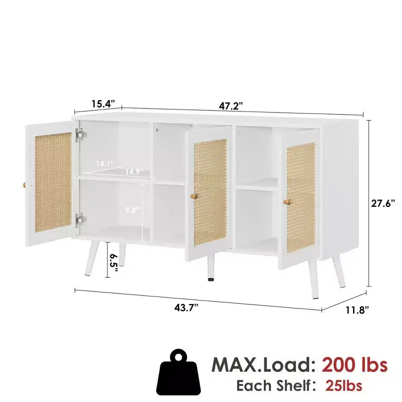 Meuble en rotin, buffet avec 3 portes et étagères réglables, buffet pour couloir, entrée, salon ou cuisine