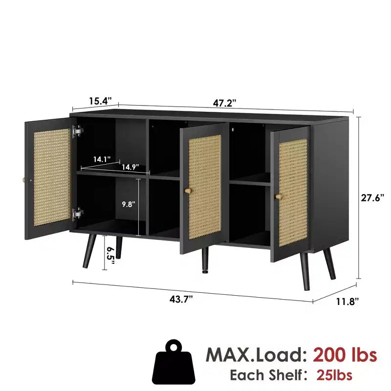Meuble en rotin, buffet avec 3 portes et étagères réglables, buffet pour couloir, entrée, salon ou cuisine