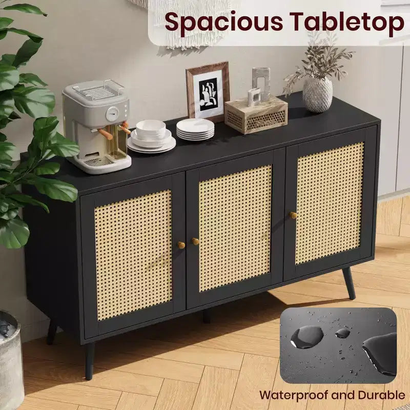Meuble en rotin, buffet avec 3 portes et étagères réglables, buffet pour couloir, entrée, salon ou cuisine