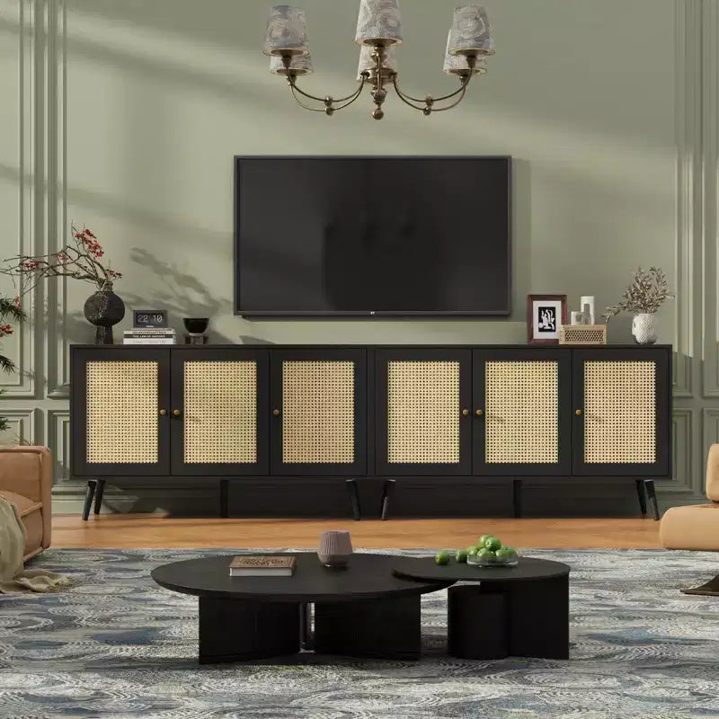 Meuble en rotin, buffet avec 3 portes et étagères réglables, buffet pour couloir, entrée, salon ou cuisine