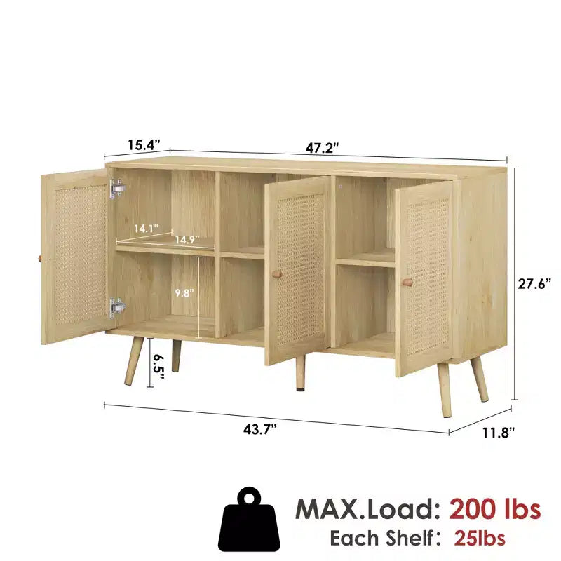 Meuble en rotin, buffet avec 3 portes et étagères réglables, buffet pour couloir, entrée, salon ou cuisine
