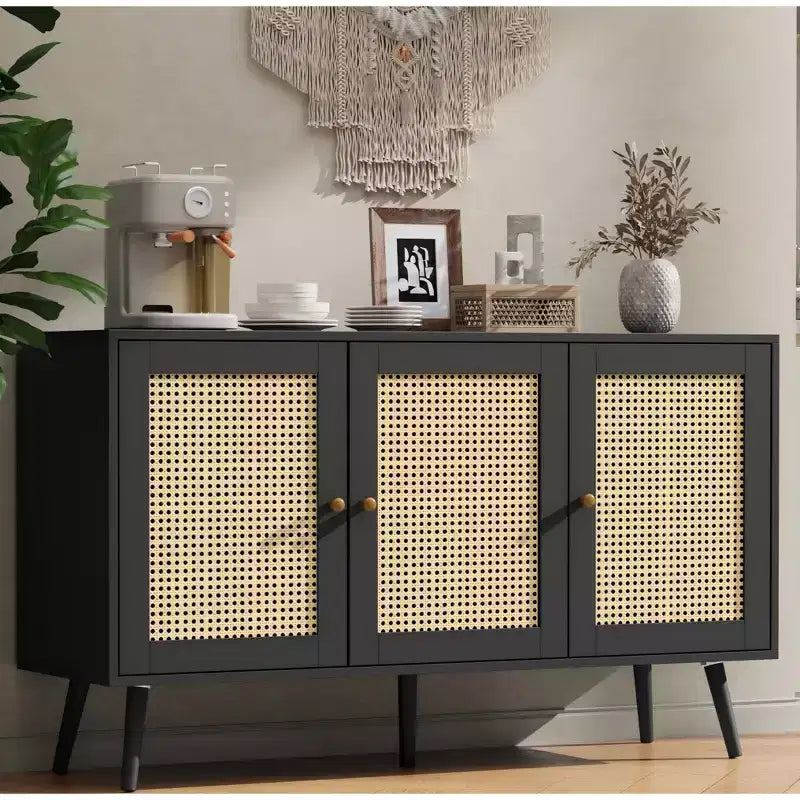 Rattan Cabinet, Buffet Cabinet with 3 Doors and Adjustable Shelves, Sideboard Buffet for Hallway, Entryway, Living Room, or Kitchen