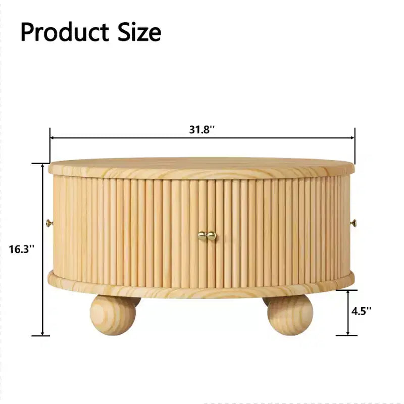 Table basse ronde Whisen 31,8 po avec rangement à porte coulissante dissimulée et base cannelée pour salon