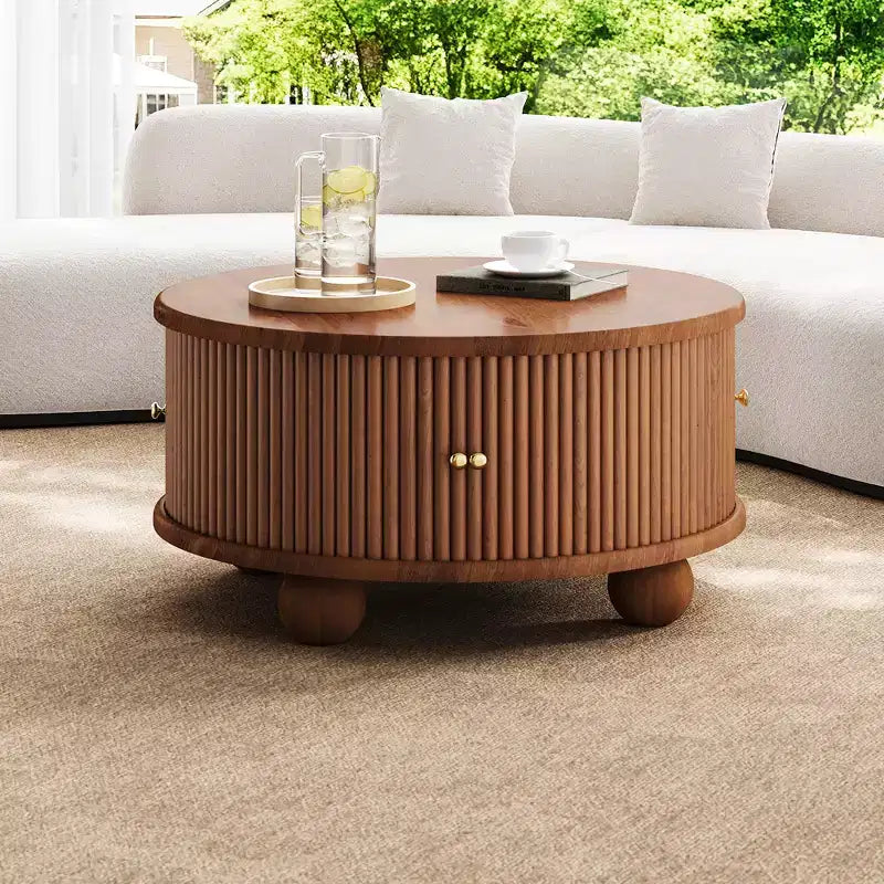 Table basse ronde Whisen 31,8 po avec rangement à porte coulissante dissimulée et base cannelée pour salon