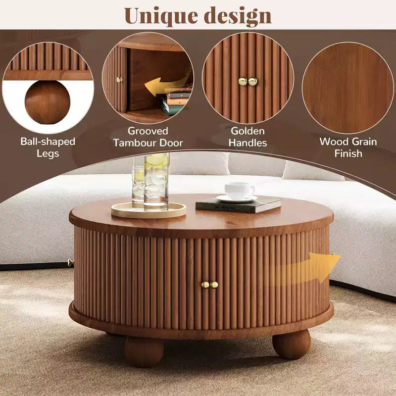 Table basse ronde Whisen 31,8 po avec rangement à porte coulissante dissimulée et base cannelée pour salon