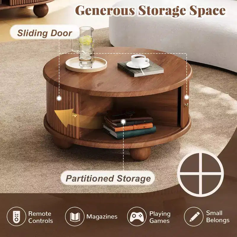 Table basse ronde Whisen 31,8 po avec rangement à porte coulissante dissimulée et base cannelée pour salon