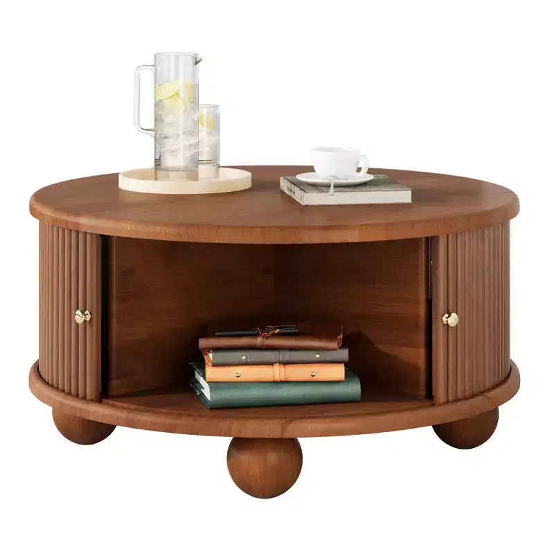 Table basse ronde Whisen 31,8 po avec rangement à porte coulissante dissimulée et base cannelée pour salon