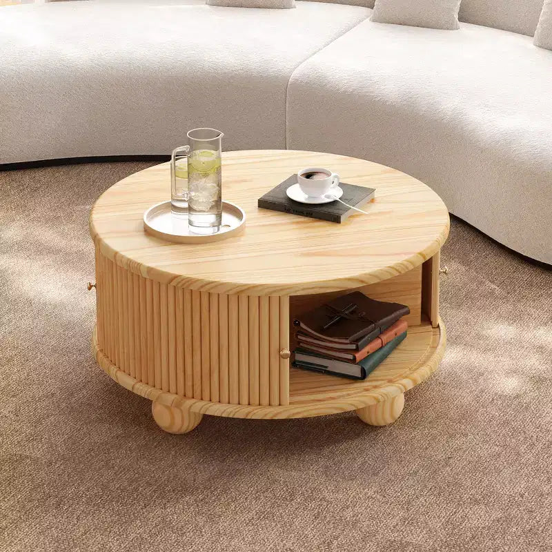 Table basse ronde Whisen 31,8 po avec rangement à porte coulissante dissimulée et base cannelée pour salon